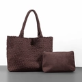 Dark brown woven tote bag set with matching zipper pouch and wide shoulder strap - Suede Coffee