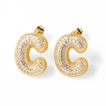 Sparkling gold-plated letter C stud earrings with full white cubic zirconia inlay - Letter C