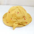Cute yellow baby sun hat with red cherry prints and a large bow tie decoration - 48cm (Recommended for 6-18 Months) / Yellow