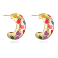 Golden C-shaped hoop earrings with colorful graffiti heart patterns and oil drip finish - Colorful