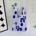 Purple knit tote bag with polka dots and bear pattern featuring comfortable top handles - Polka Dot Puppy Purple