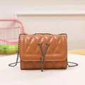 Brown quilted crossbody bag with metal V-shaped logo and elegant chain fringe detail - Brown