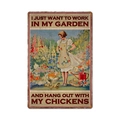 Vintage metal sign featuring a woman gardening with chickens in a nostalgic garden style - 11740(19)