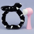 Pink double-sided facial cleansing brush set with a black and white polka dot headband - Standing Brush + Black & White Polka Dot Hairband Set / Pink