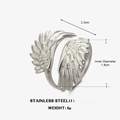 Silver stainless steel angel wing ring with size specs and adjustable opening - Wing Shape / Steel