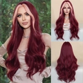 Long wavy wig in deep wine red with light peach face-framing highlights for women - Dark Burgundy Highlight Pink Orange