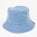 Detail of distressed light blue denim bucket hat with frayed holes and leather patch - M (56-58cm) / Light Blue