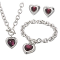 Silver stainless steel jewelry set with heart-shaped red crystals and OT toggle clasp - Silver 3-Piece Set - Dark Pink Gem (KS52492-Z)