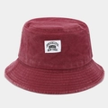 Detail view of burgundy washed denim bucket hat with Brooklyn fabric patch and metal eyelets - One Size / Burgundy