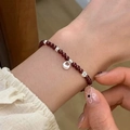 Deep red beaded crystal bracelet with silver lock charm and coin pattern bead - Deep Red Bead Ruyi Lock Silver (MY37768)