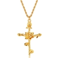 Golden flower cross pendant necklace with high-gloss finish on a white background - July Lotus