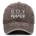 Detail of white BOY mama embroidery on dark brown washed cotton distressed baseball cap - Adjustable / Coffee