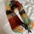 Thick warm wool blend scarf in orange and brown plaid pattern with long decorative fringes - Pale Yellow