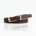 Slim dark brown PU leather belt for women featuring a gold pin buckle and stitch texture - Coffee