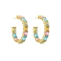 Detailed shot of gold C-shaped earrings set with colorful geometric cubic zirconia gems - Hoop Earrings / Gold