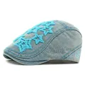 Light blue denim ivy cap featuring bright blue chenille star patches and embroidery - Adjustable / Lake Blue