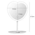 White heart-shaped LED makeup mirror with dimensions showing 27.5cm total height - Heart Shaped / White