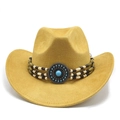 Détail du chapeau de cowboy en suède avec ornement turquoise et bande de perles en bois - M (56-59cm) / Jaune (Simili Daim)