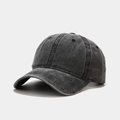 Detailed macro view of vintage washed dark gray denim baseball cap with reinforced stitching - Adjustable / Black