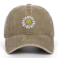 Detailed close-up of daisy embroidery on vintage washed cotton khaki baseball cap - Adjustable / Khaki