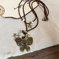 Sautoir bohème vintage avec pendentif papillon en bronze et perles en bois colorées - 9# Collier-Café-Papillon