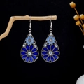 Bohemian blue teardrop earrings with floral design and crystal beads on a dry branch - Dark Light Blue Floral Faux Diamond Teardrop Style (E5683-2)