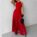 Elegant sleeveless red evening gown with high side slits and sheer mesh panels - S / Red