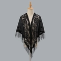 Elegante scialle in pizzo floreale nero con lunghe frange per abiti da sera - 180cm / Nero