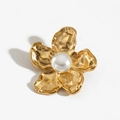 Golden flower brooch with hammered metal texture and center white pearl accent - 316 Stainless Steel / Golden Hammered Pearl Flower (KX010) / Gold