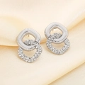 Elegant silver interlocking hoop earrings with white crystals on golden satin - Intertwined Double Ring Style (KE116422-KFC) / Steel