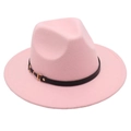 Detail of pink wool fedora hat featuring black leather band and golden metal buckle - One Size / Pink (Single Band)