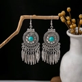 Bohemian turquoise drop earrings with vintage silver feather tassels on wood stand - E3059-2 Blue Feather Tassel
