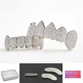 Silver hip hop grillz set with white cubic zirconia including tweezer and case - Full Set (With Accessories) / Silver Pave Set