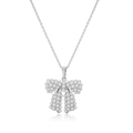 Detail view of a pearl-embellished bow pendant necklace with a fine silver chain - Style E-Pearl Bowknot / White Gold