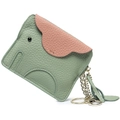 Sage green elephant-shaped leather coin purse with pink ears and gold key ring - Light Green