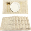 Beige hand-woven cotton linen placemat set with boho tassels and geometric patterns - Beige Grey