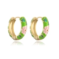 Detailed view of copper gold-plated earrings with colorful enamel flowers and green leaves - Green Enamel Pink Flower (42446)