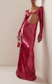 Sexy rode paillettenjurk met lange mouwen, uitgesneden taille en vloerlengte met split - Rood / L
