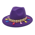 Vintage purple wool fedora hat with ethnic patterned ribbon and colorful tassels decor - M (56-58cm) / Purple