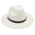 Close-up of a white felt jazz hat with a black leather band and silver metal buckle - One Size / Off White