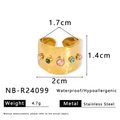Golden wide stainless steel ring with hammered texture and five colorful gemstones - Wide Open Hammered Ring with Colorful Gems (NB-R24099)