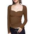 Detail of square neckline with heart-shaped cutout on brown long-sleeve knit top - S / Coffee
