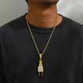 Hip hop gold necklace with rhinestone-encrusted power plug pendant on Cuban link chain - Gold