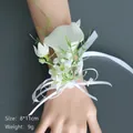 White calla lily wrist corsage with ribbons for weddings, size 8x11cm and 9g weight - Wrist Flower Style 5