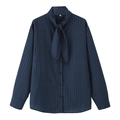 Relaxed fit navy blue plaid long sleeve blouse with elegant neck tie detail on white background - XS / Navy Blue