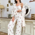 Three-piece cherry print loungewear set with lace trim and long pants for women - S / Cherry Print