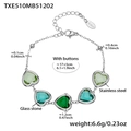Silbernes Edelstahlarmband mit grünem Herz-Glasstein und verstellbarer Knopfkette - Mischgrünes Strass-Armband (TXE510) / 17+5cm / Stahlfarben