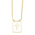 Gold rectangular cross pendant necklace with white enamel finish on a fine chain - Letter D
