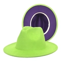 Detail view of two-tone wool felt fedora with neon green crown and purple inner brim - M (56-58cm) / Fruit Green + Purple