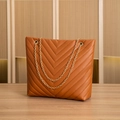 Brown faux leather tote bag with V-quilted pattern and elegant gold chain strap - Brown